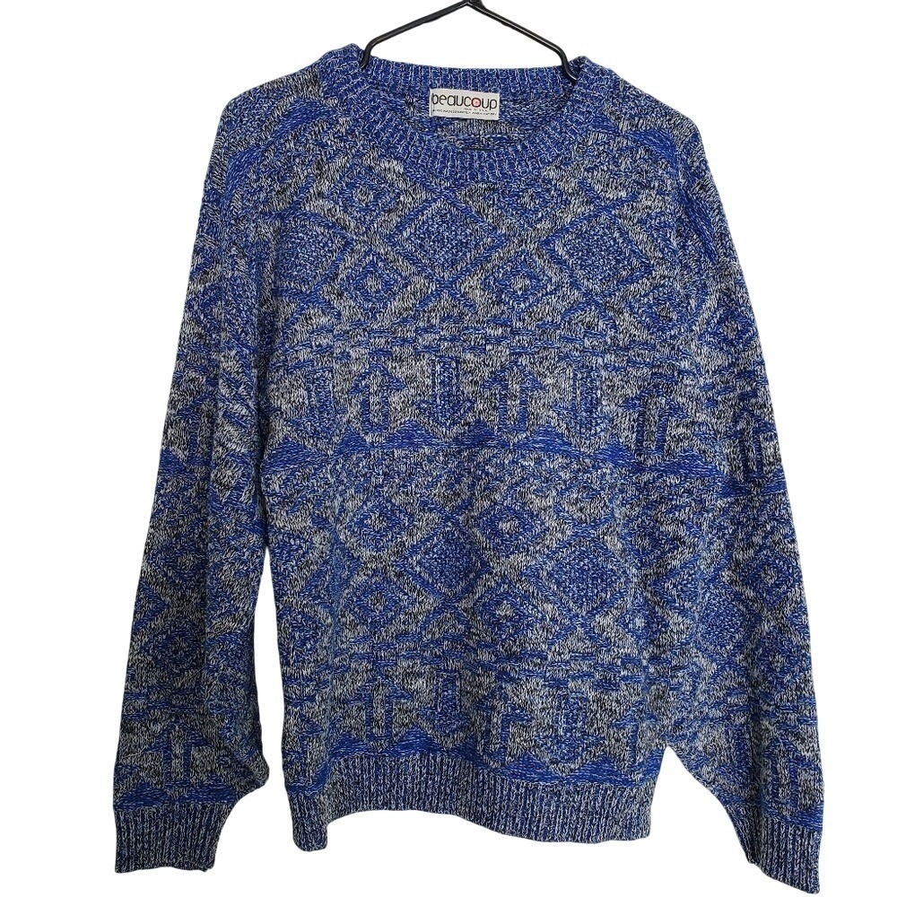 Vintage 80's Blue White Long Sleeve‎ Crewneck Patterned Knit Sweater SZ:L?